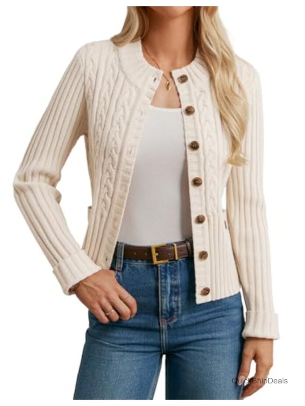 Women's Chunky Cropped Cable Knit Cardigan, Button Up Long Sleeve Fall Winter